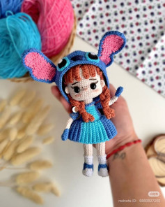 Cute Crochet Doll with Blue Dress and Animal Ears Hat
