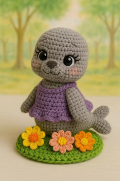 Muñeco de foca de ganchillo vestido de púrpura sobre base floral