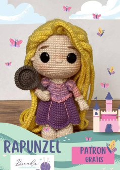 Patrón de amigurumi de Rapunzel con vestido y trenza larga.