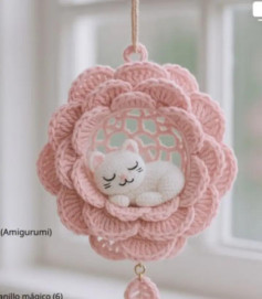 Patrón de crochet: Atrapasueños con gato amigurumi en el centro