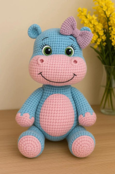 Patrón de hipopótamo amigurumi con detalle de lazo y colores pastel
