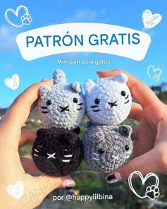 Patrón gratuito para tejer adorables mini gatos de peluche.