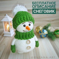 Бесплатная схема вязания снеговика в зелёной шапке и шарфе