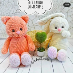 Вязаные игрушки: милый котик и зайчик с сердцем