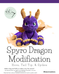Crochet Pattern for Spyro Dragon with Horn, Tail Tip, and Spikes