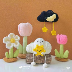 Cute Crochet Cloud and Flowers with Smiling Faces