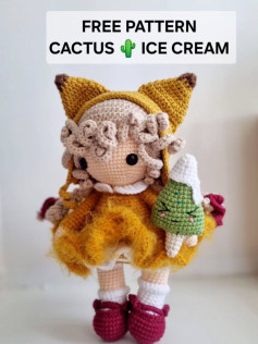 Cute Crochet Doll with Cactus Ice Cream Pattern Free