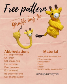 Giraffe Bag Tie Crochet Pattern with Abbreviations and Materials