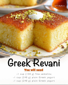 A traditional Greek Revani recipe a moist semolina sponge cake soaked in fragrant syrup and finished with a sprinkle of nuts or a dollop of cream.