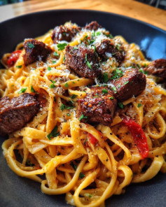 Cajun Steak Tips in Cheesy Parmesan Linguine Pasta