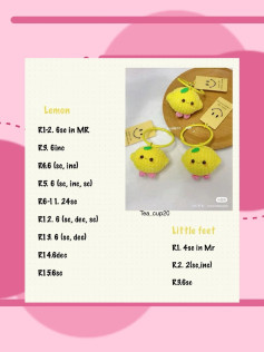 Cute Lemon Keychain Crochet Pattern with Little Feet Details, cup, mini shrimp tempura, ganci burger, bagel,