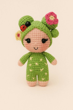 Muñeca de crochet con flores y traje verde