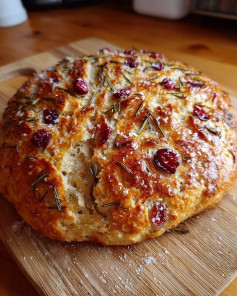 No-Knead Rosemary Cranberry Bread with Olive Oil & Sea Salt