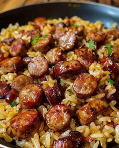 One Pan Sweet and Tangy Barbecue Sausage Rice Recipe