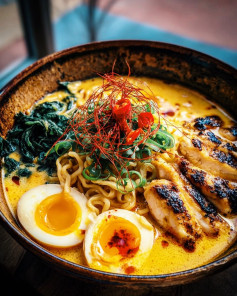 Sizzling Fiery Chicken Ramen with Creamy Garlic Sauce.