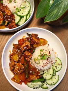 Sticky Tofu Delight with Spicy Cucumber Crunch