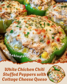 White Chicken Chili Stuffed Peppers with Cottage Cheese Queso