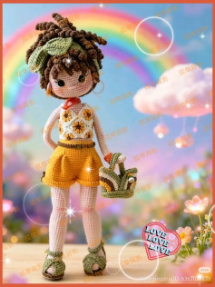 Amigurumi Crochet Doll with Rainbow Background and Basket