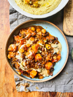 Autumnal Sweet Potato & Chickpea Tagine with Courgette Hummus