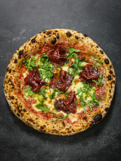 Bresaola Arugula Delight: Gourmet Pizza with San Marzano Sauce