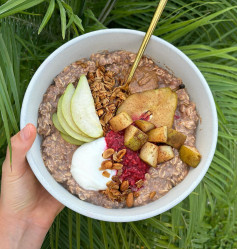 Cacao Pear Delight with Raspberry Compote