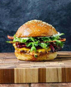Cajun Bacon Smash Burger with Pickled Red Onions