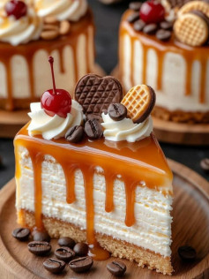 Caramel Dream Cheesecake with Whipped Delight and Cherry Bliss