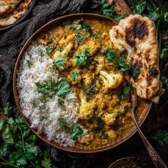 Coconut Cauliflower Curry with Fragrant Rice and Naan