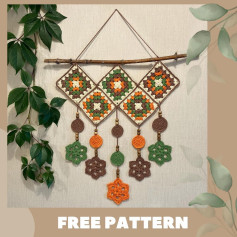Colorful Crochet Wall Hanging with Geometric Patterns and Flowers