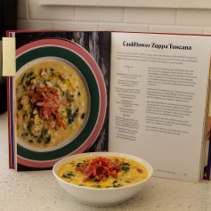 Creamy Cauliflower Kale Soup with Sausage and Crispy Prosciutto