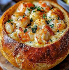 Creamy Garlic Shrimp Delight in Crusty Sourdough Bowl