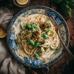Creamy Miso Pasta with Golden Brussels Sprouts