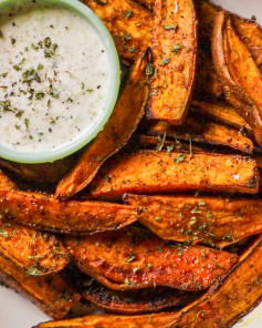 Crispy Curry Sweet Potato Wedges with Cool Yogurt Dip