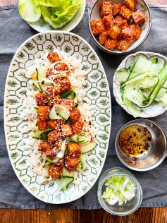 Crispy Gochujang Tofu Delight with Cooling Rice and Cucumber