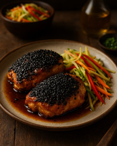 Crispy Sesame Chicken with Zesty Yuzu Slaw Delight