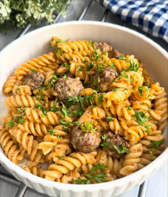 Feta-Stuffed Lamb Meatballs with Creamy Tomato Pasta