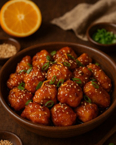 Fiery Sticky Orange Chicken with Sesame Delight