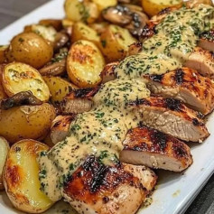 Frango Grelhado com Molho Cremoso de Mostarda e Batatas Douradas