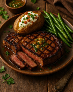 Garlic Herb Ribeye with Loaded Baked Potato