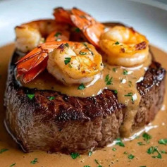 Garlic Shrimp & Filet Mignon with Creamy Wine Sauce