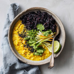 Ginger Sweet Potato Dal with Coconut Leeks and Black Rice