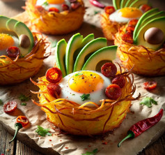 Golden Potato Nests with Avocado, Egg & Chorizo Delight