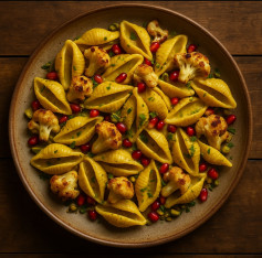Golden Saffron Shells with Pistachio & Pomegranate Sparkle