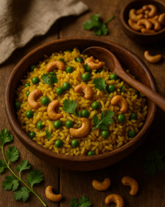 Golden Turmeric Coconut Rice with Peas & Cashews