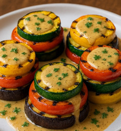 Grilled Vegetable Towers with Creamy Tahini Drizzle