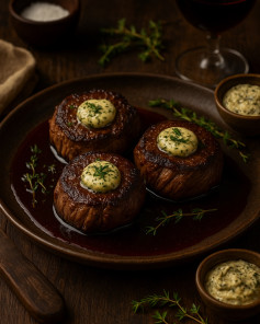 Herb-Butter Beef Medallions with Red-Wine Elegance