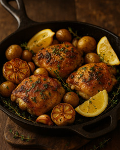 Lemon-Thyme Skillet Chicken with Garlic Roasted Potatoes