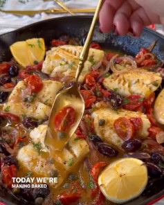 Mediterranean Baked Cod with Wine, Tomatoes, Olives & Capers