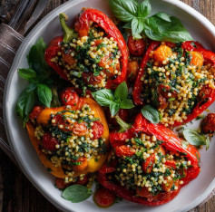 Mediterranean Couscous-Stuffed Peppers with Zesty Cherry Tomatoes