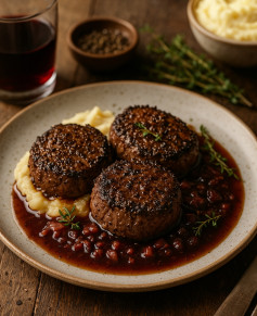 Pepper-Crusted Beef Medallions with Rich Red Wine Reduction